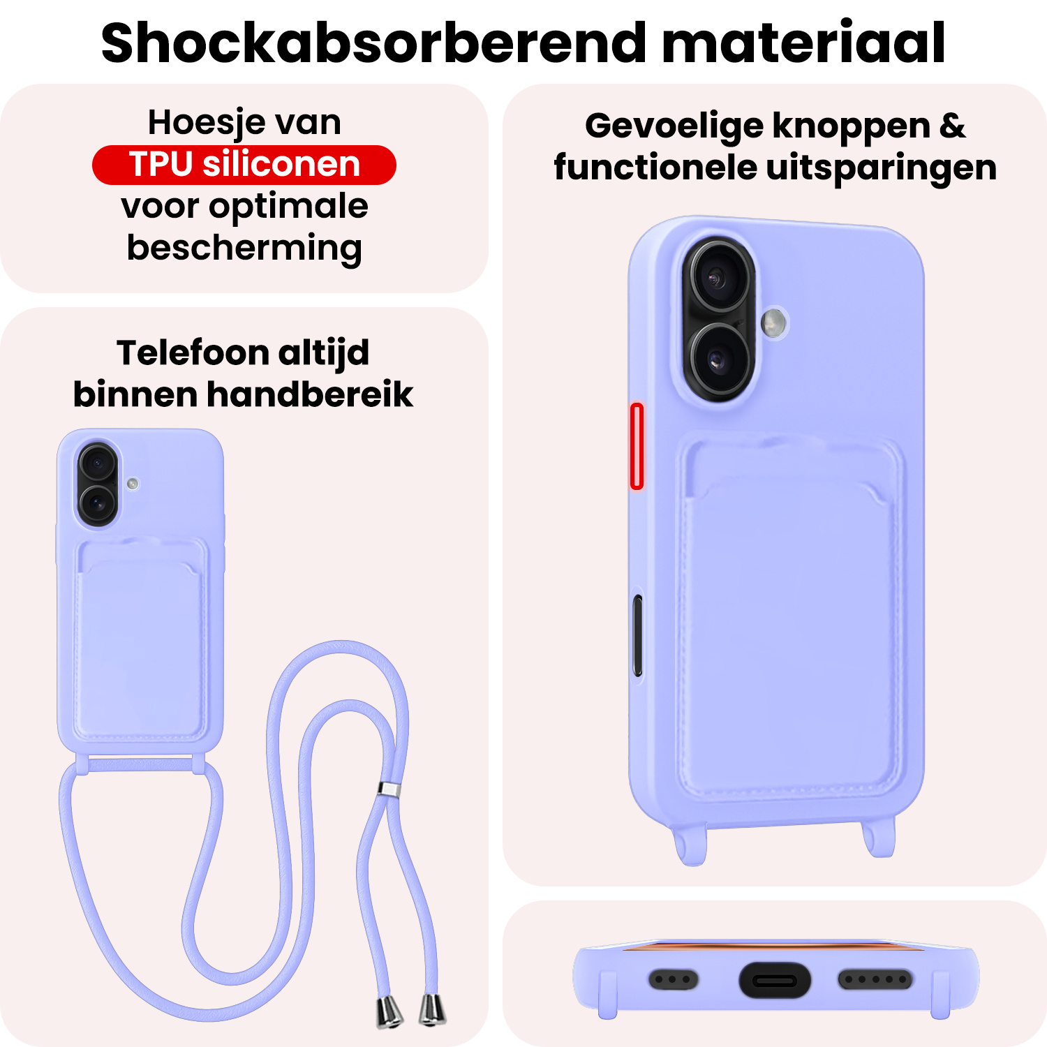 NoXx NoXx iPhone 16 Plus Hoesje Pashouder met Koord Met Screenprotector - Lila