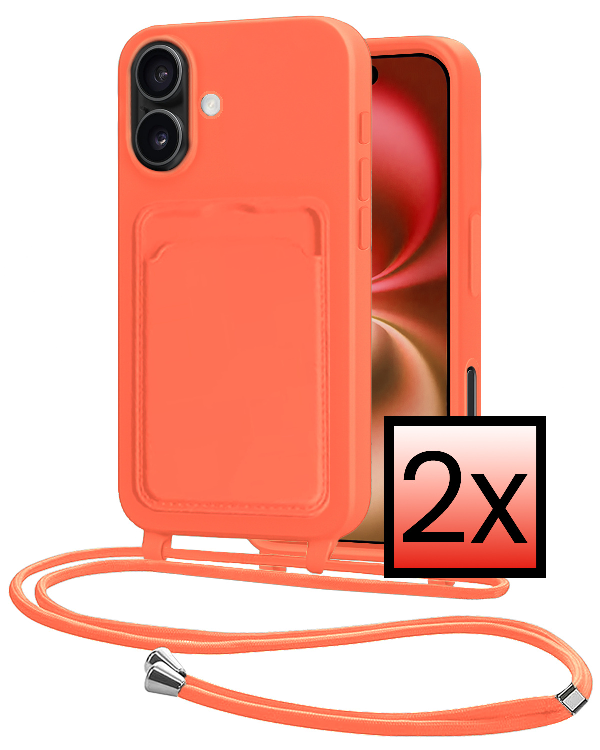 NoXx NoXx iPhone 16 Plus Hoesje Pashouder met Koord - Papaya - 2 PACK