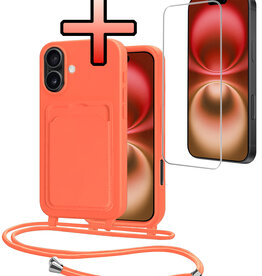 NoXx NoXx iPhone 16 Plus Hoesje Pashouder met Koord Met Screenprotector - Papaya