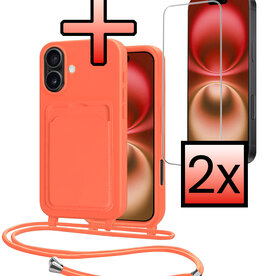NoXx NoXx iPhone 16 Plus Hoesje Pashouder met Koord Met 2x Screenprotector - Papaya