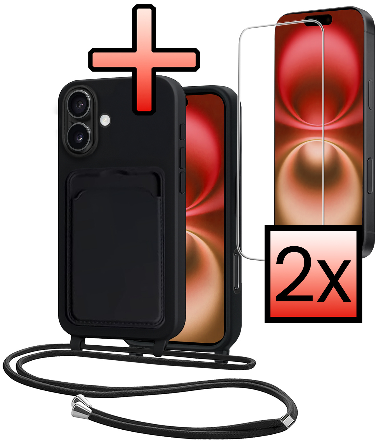 NoXx NoXx iPhone 16 Plus Hoesje Pashouder met Koord Met 2x Screenprotector - Zwart
