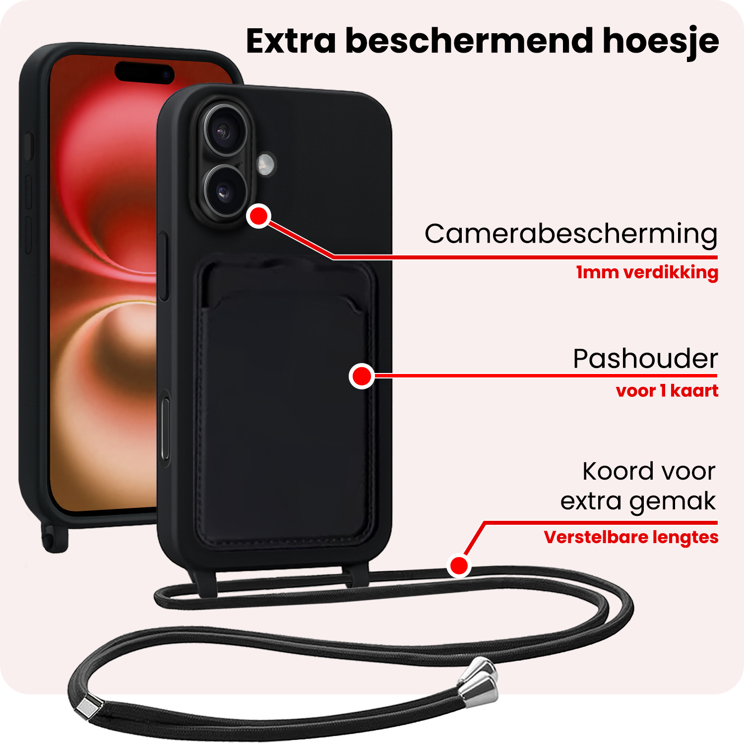 NoXx NoXx iPhone 16 Plus Hoesje Pashouder met Koord Met 2x Screenprotector - Zwart