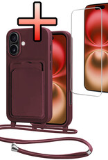 NoXx NoXx iPhone 16 Hoesje Pashouder met Koord Met Screenprotector - Aubergine