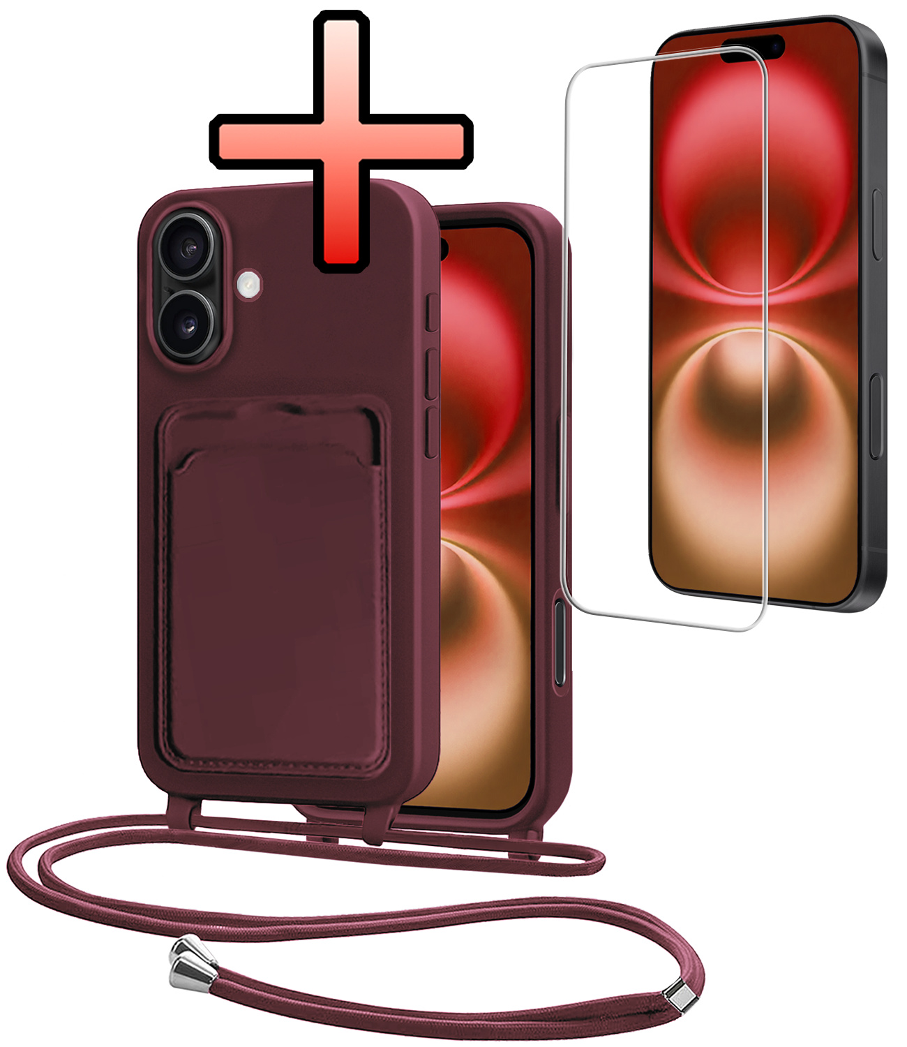 NoXx NoXx iPhone 16 Hoesje Pashouder met Koord Met Screenprotector - Aubergine