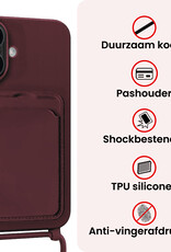 NoXx NoXx iPhone 16 Hoesje Pashouder met Koord Met 2x Screenprotector - Aubergine