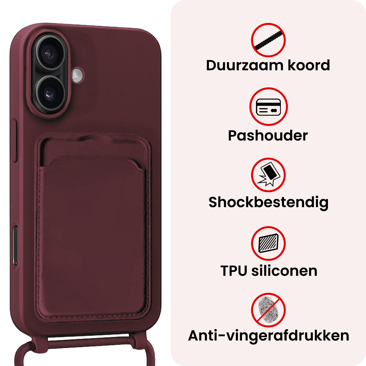 NoXx NoXx iPhone 16 Hoesje Pashouder met Koord Met 2x Screenprotector - Aubergine
