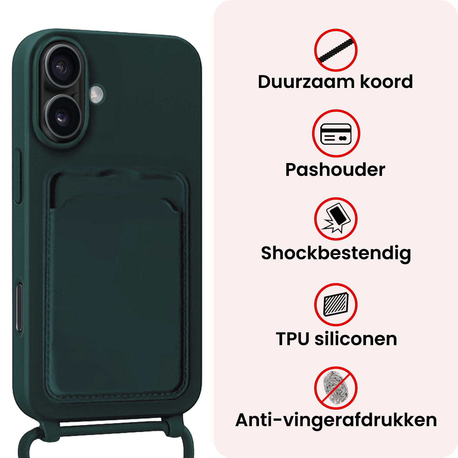 NoXx NoXx iPhone 16 Hoesje Pashouder met Koord - Donkergroen