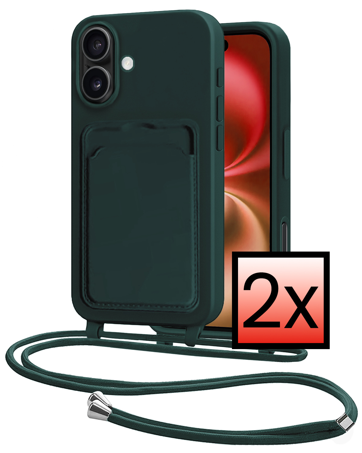 NoXx NoXx iPhone 16 Hoesje Pashouder met Koord - Donkergroen - 2 PACK