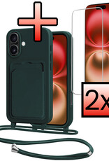 NoXx NoXx iPhone 16 Hoesje Pashouder met Koord Met 2x Screenprotector - Donkergroen