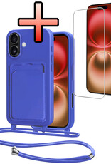 NoXx NoXx iPhone 16 Hoesje Pashouder met Koord Met Screenprotector - Fel Blauw