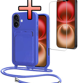 NoXx NoXx iPhone 16 Hoesje Pashouder met Koord Met Screenprotector - Fel Blauw