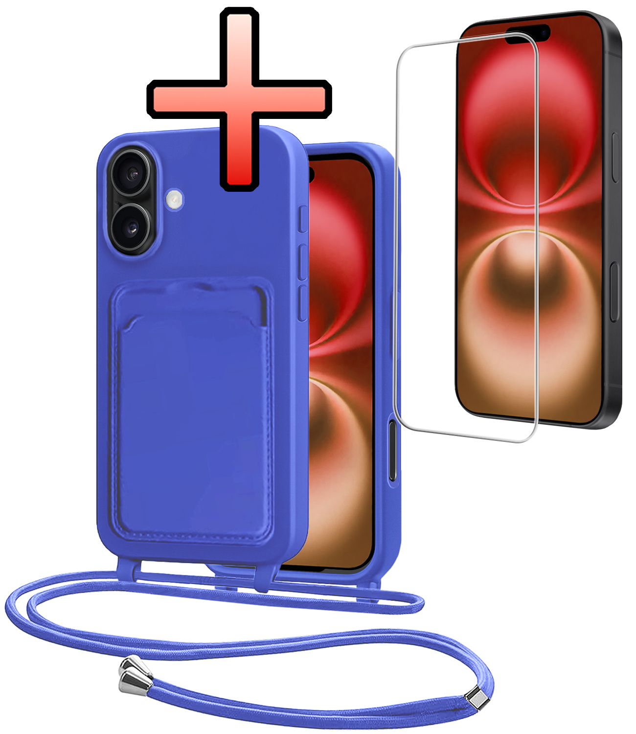 NoXx NoXx iPhone 16 Hoesje Pashouder met Koord Met Screenprotector - Fel Blauw