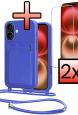 NoXx NoXx iPhone 16 Hoesje Pashouder met Koord Met 2x Screenprotector - Fel Blauw