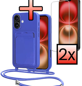 NoXx NoXx iPhone 16 Hoesje Pashouder met Koord Met 2x Screenprotector - Fel Blauw