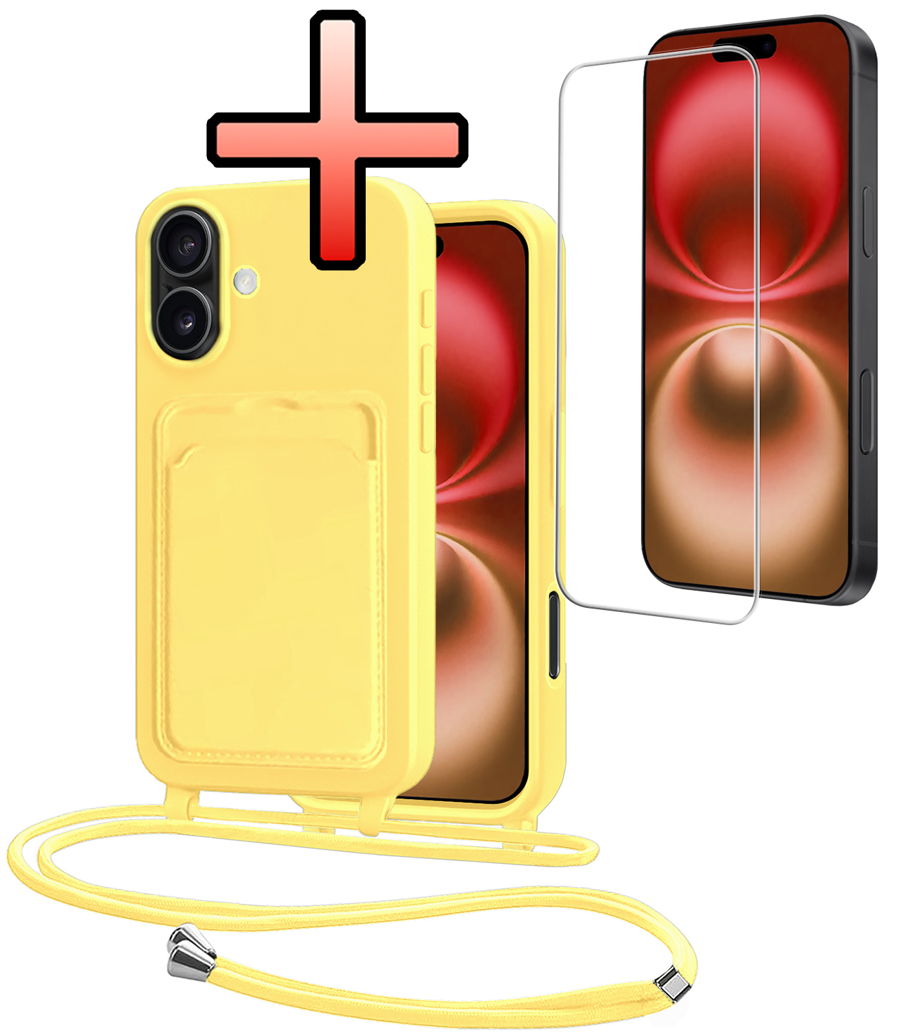 NoXx NoXx iPhone 16 Hoesje Pashouder met Koord Met Screenprotector - Geel