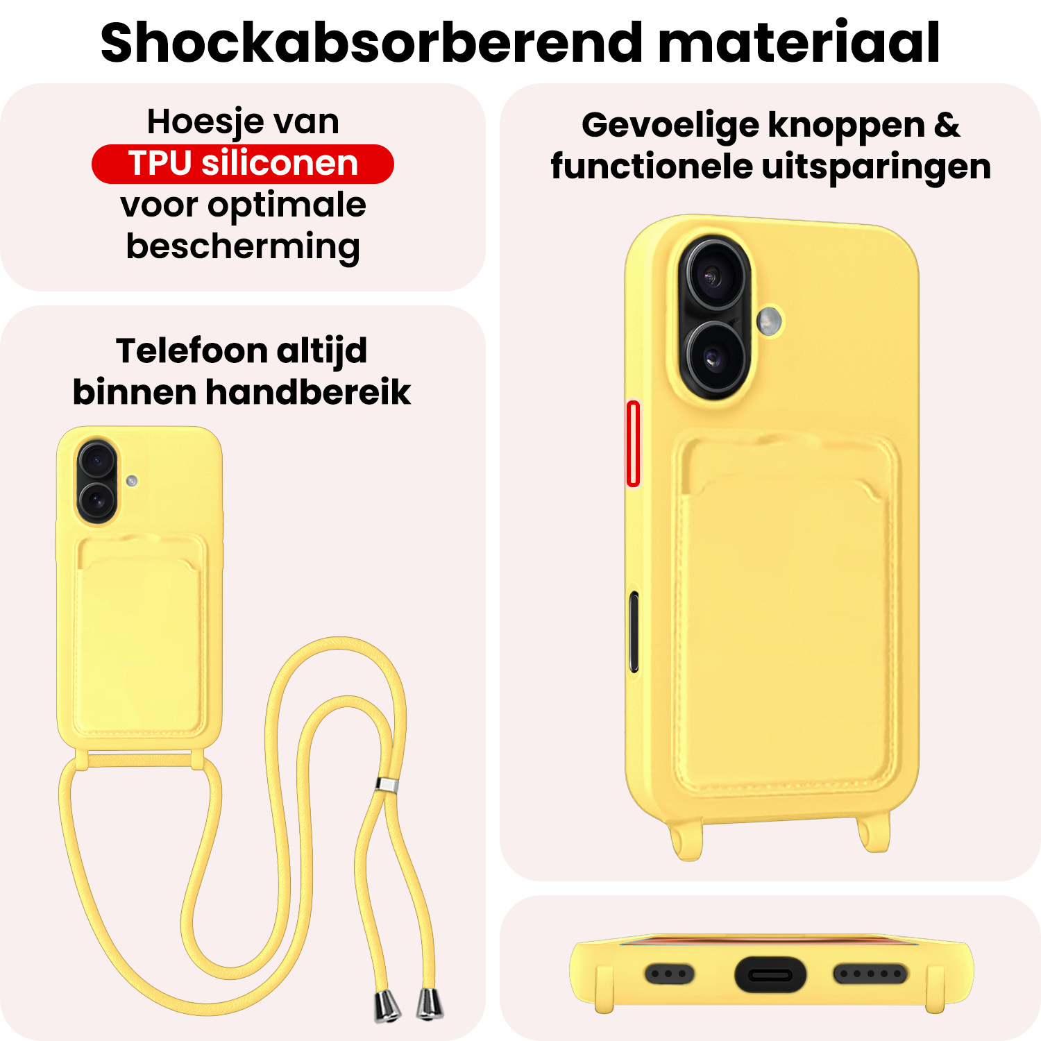 NoXx NoXx iPhone 16 Hoesje Pashouder met Koord Met Screenprotector - Geel