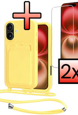 NoXx NoXx iPhone 16 Hoesje Pashouder met Koord Met 2x Screenprotector - Geel