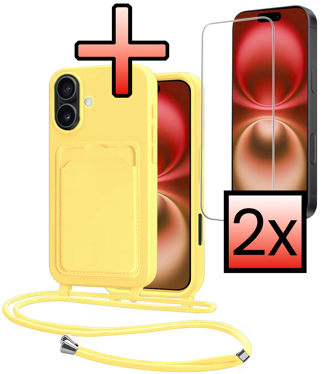 NoXx NoXx iPhone 16 Hoesje Pashouder met Koord Met 2x Screenprotector - Geel