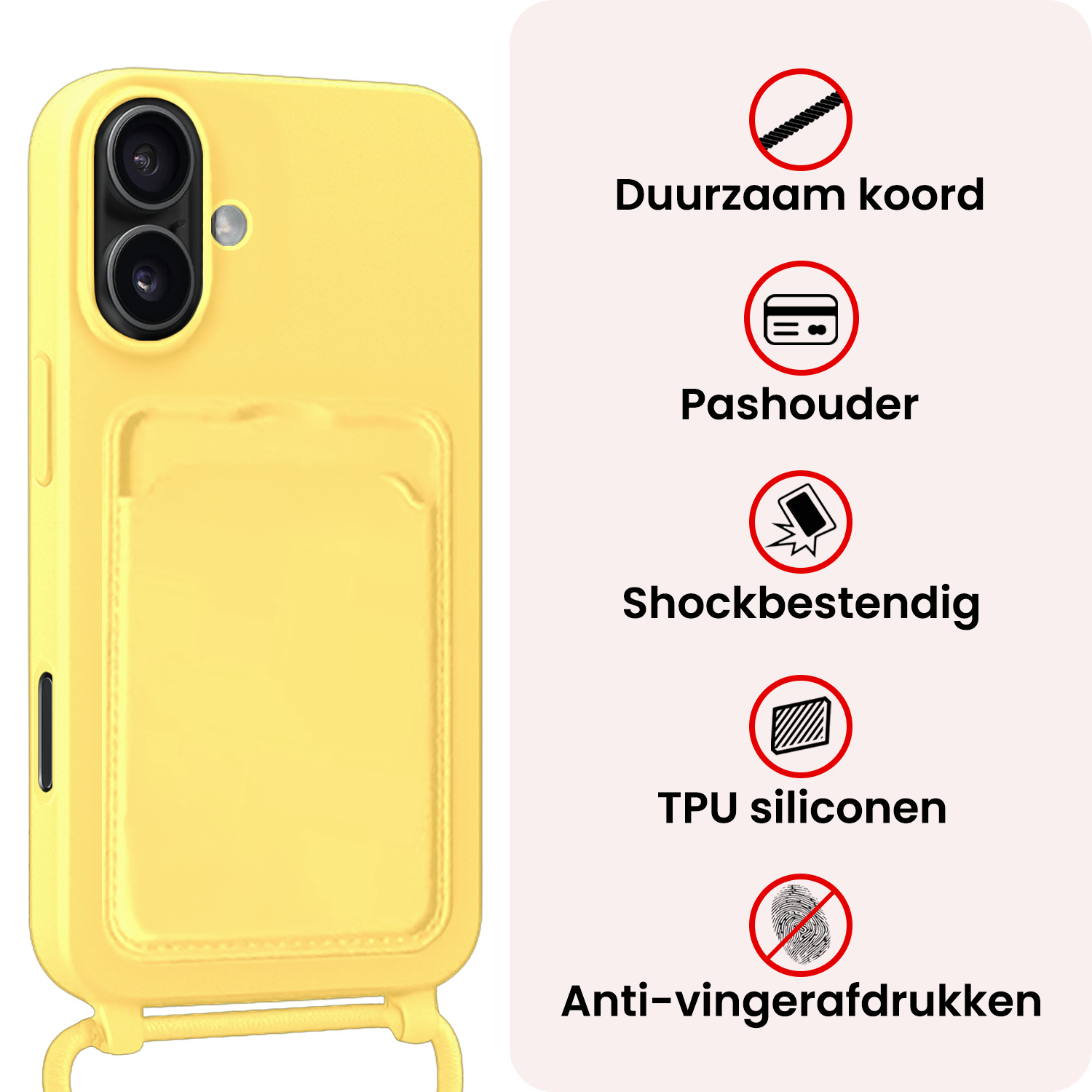 NoXx NoXx iPhone 16 Hoesje Pashouder met Koord Met 2x Screenprotector - Geel
