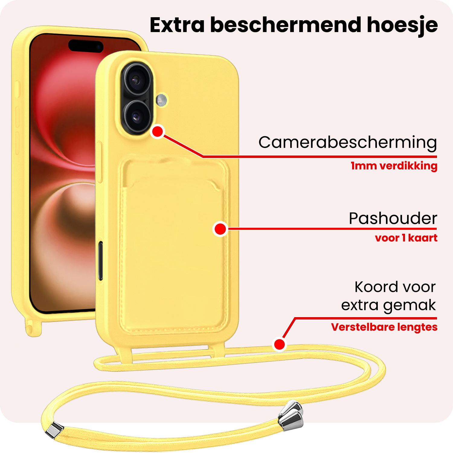 NoXx NoXx iPhone 16 Hoesje Pashouder met Koord Met 2x Screenprotector - Geel