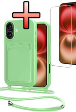 NoXx NoXx iPhone 16 Hoesje Pashouder met Koord Met Screenprotector - Groen