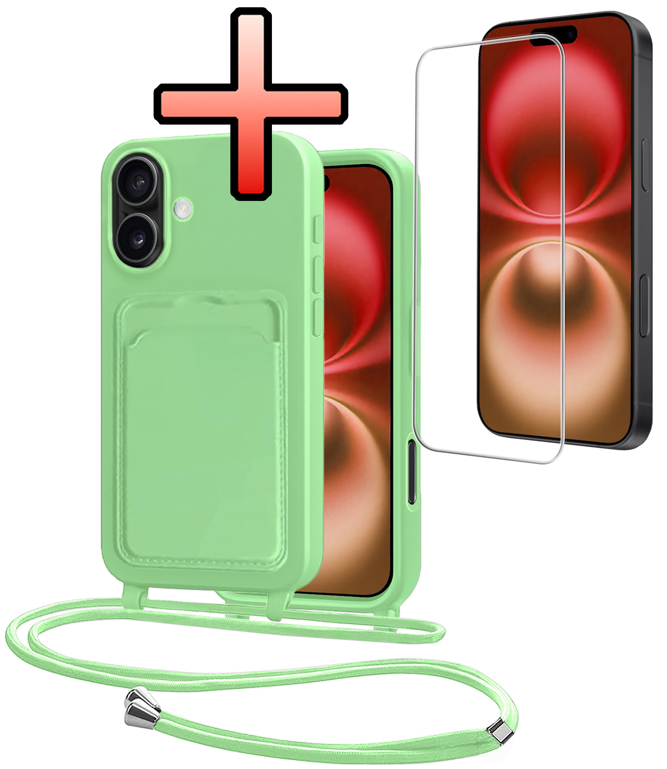 NoXx NoXx iPhone 16 Hoesje Pashouder met Koord Met Screenprotector - Groen