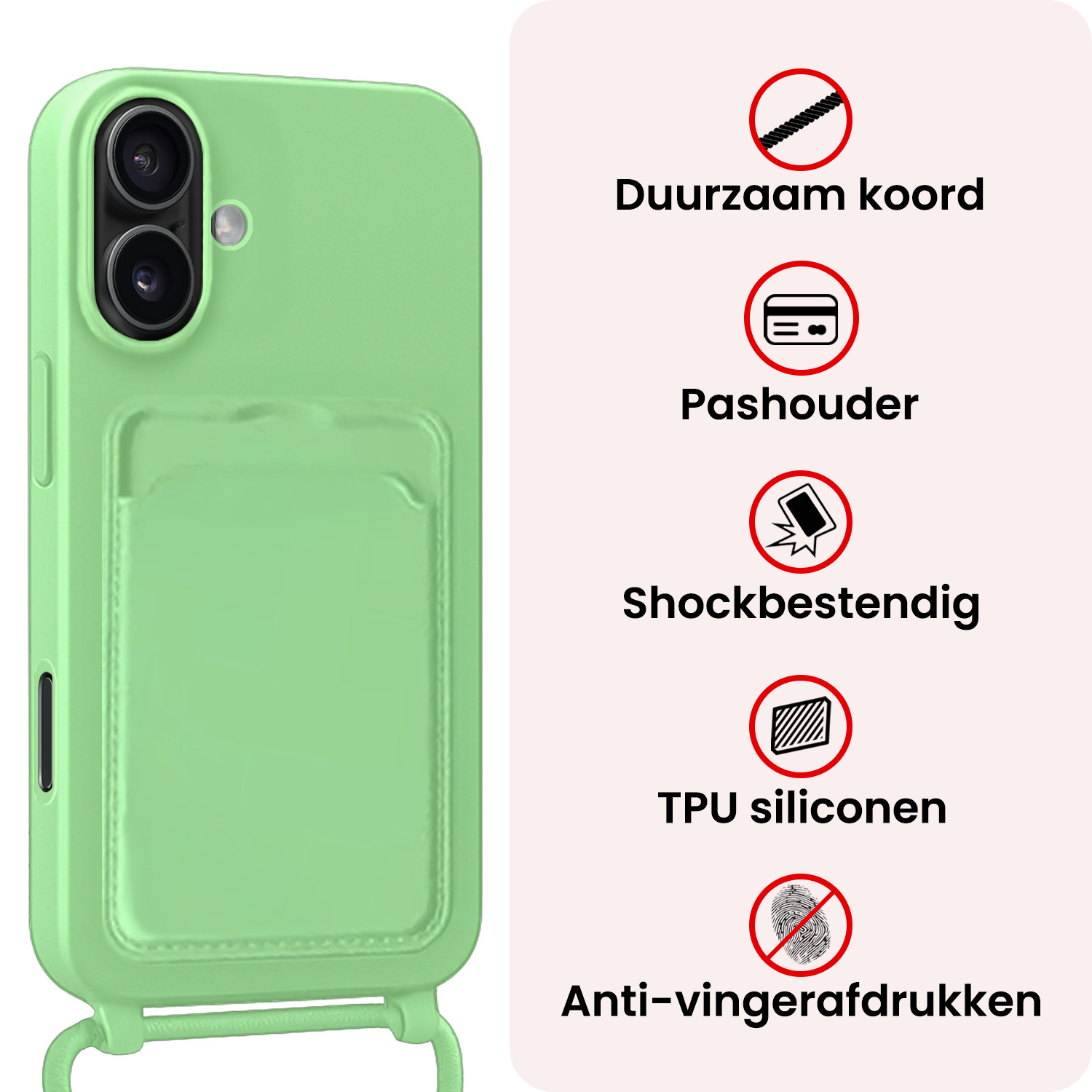 NoXx NoXx iPhone 16 Hoesje Pashouder met Koord Met Screenprotector - Groen