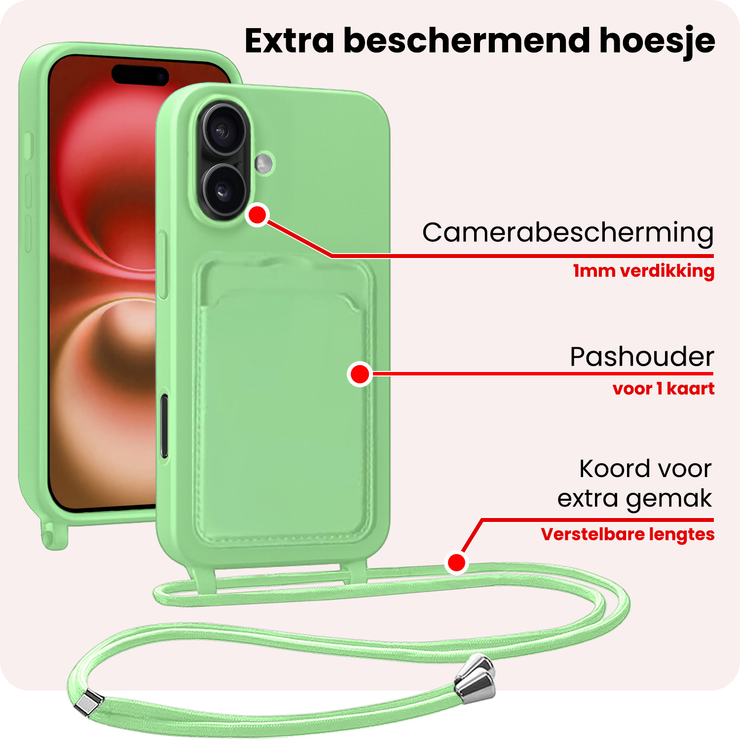 NoXx NoXx iPhone 16 Hoesje Pashouder met Koord Met Screenprotector - Groen