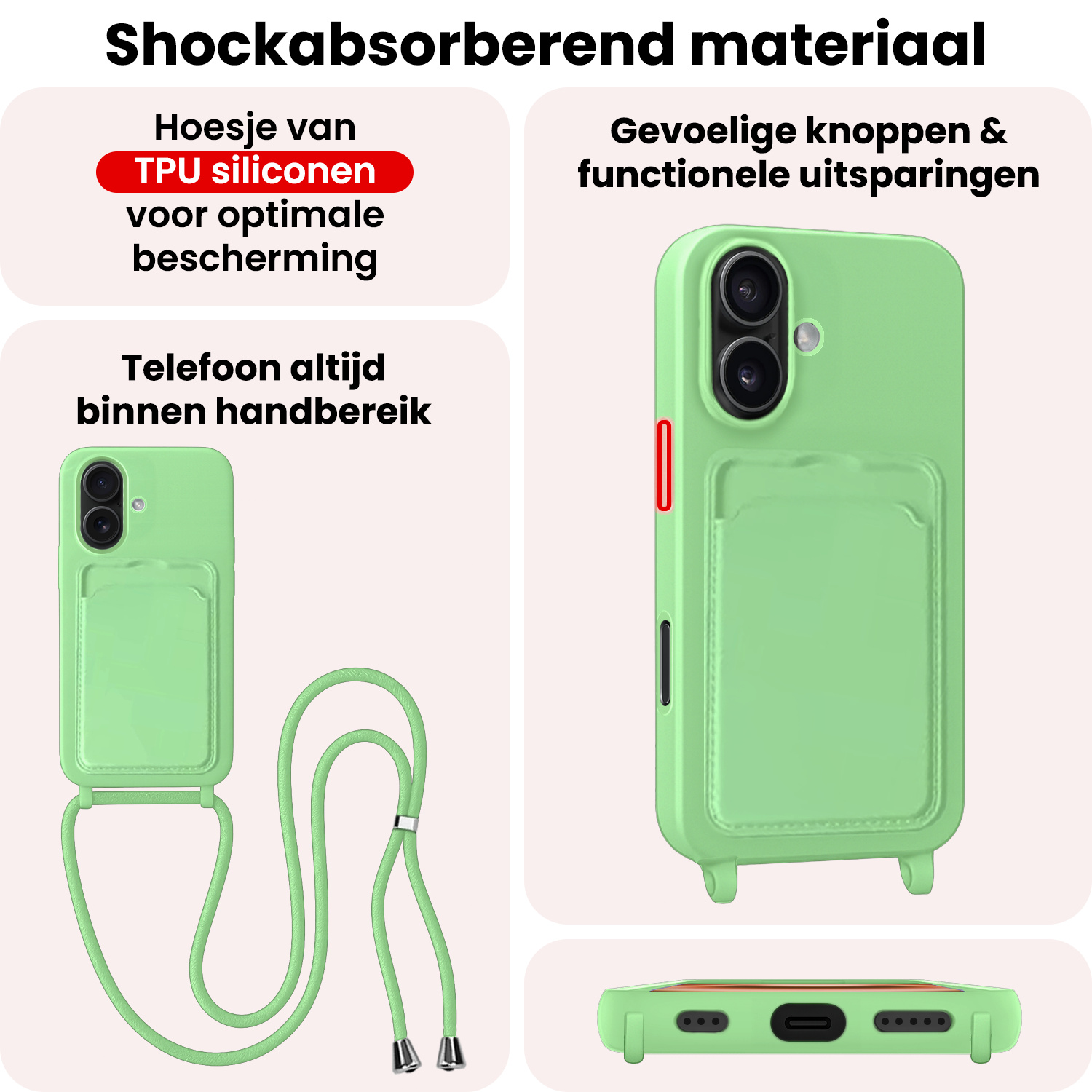NoXx NoXx iPhone 16 Hoesje Pashouder met Koord Met Screenprotector - Groen