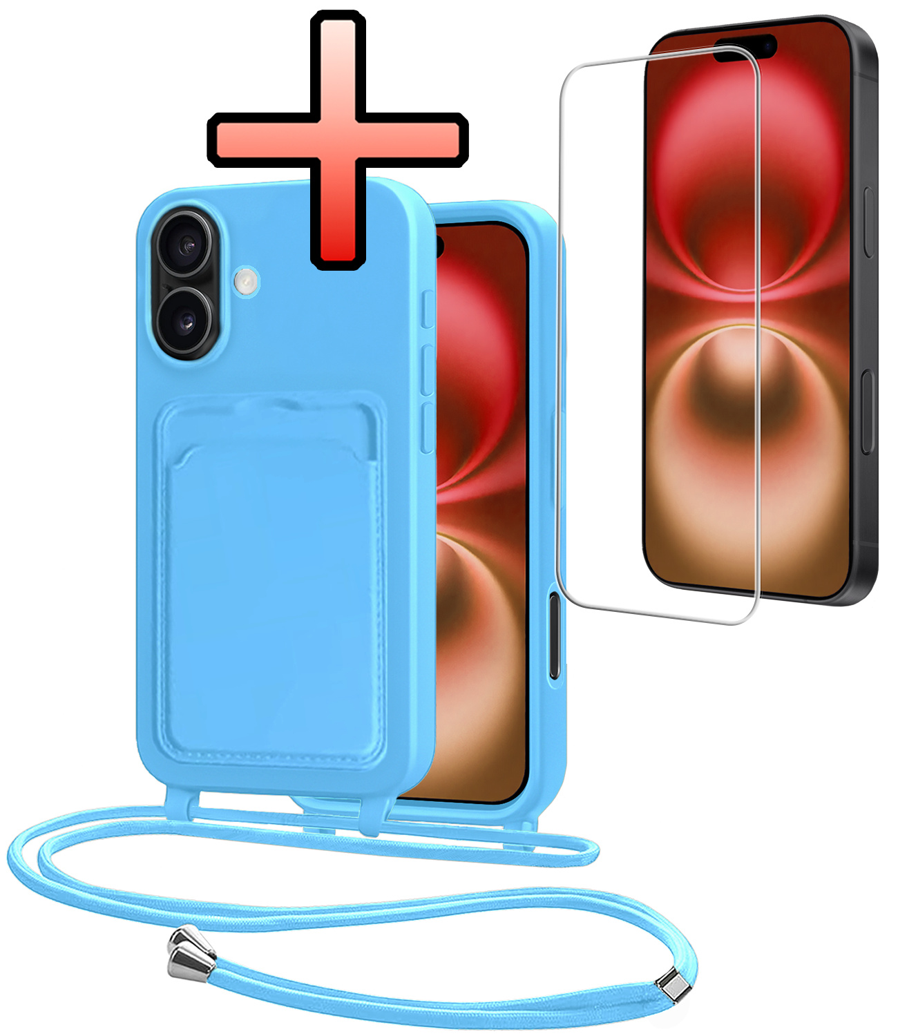 NoXx NoXx iPhone 16 Hoesje Pashouder met Koord Met Screenprotector - Lichtblauw