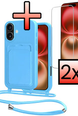NoXx NoXx iPhone 16 Hoesje Pashouder met Koord Met 2x Screenprotector - Lichtblauw