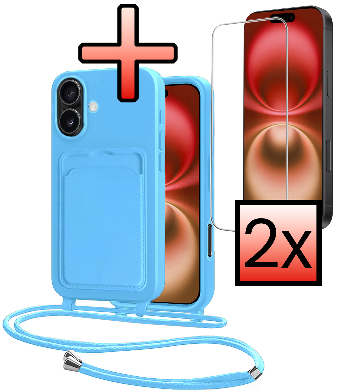 NoXx NoXx iPhone 16 Hoesje Pashouder met Koord Met 2x Screenprotector - Lichtblauw