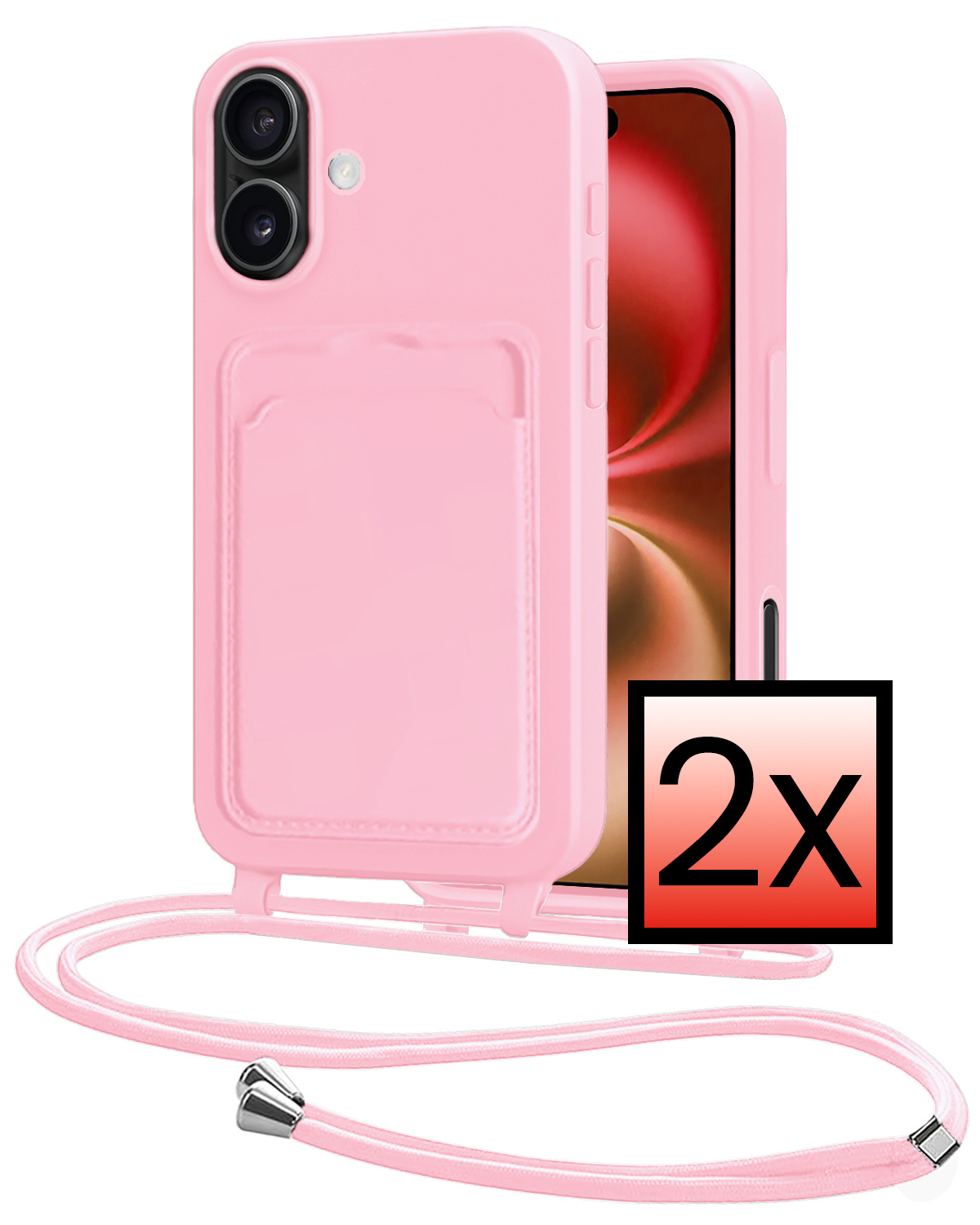 NoXx NoXx iPhone 16 Hoesje Pashouder met Koord - Lichtroze - 2 PACK