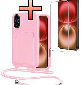 NoXx NoXx iPhone 16 Hoesje Pashouder met Koord Met Screenprotector - Lichtroze