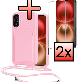 NoXx NoXx iPhone 16 Hoesje Pashouder met Koord Met 2x Screenprotector - Lichtroze