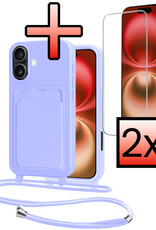 NoXx NoXx iPhone 16 Hoesje Pashouder met Koord Met 2x Screenprotector - Lila