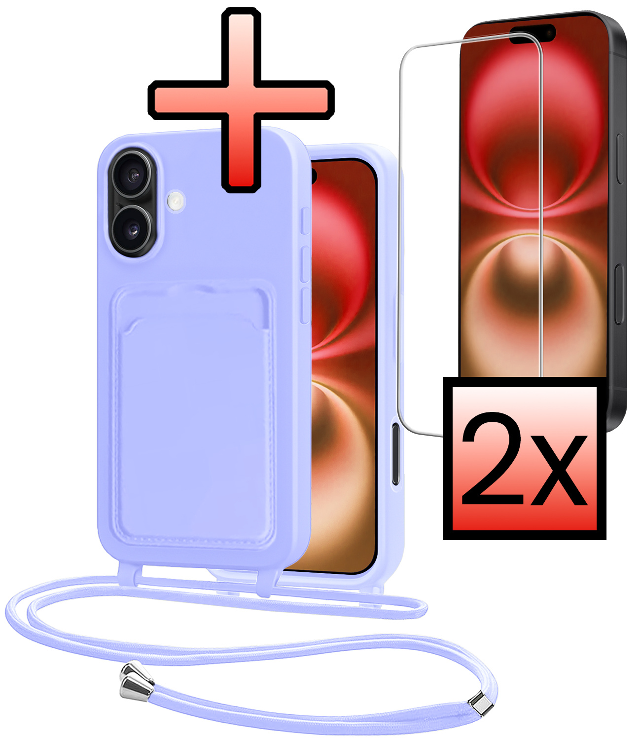 NoXx NoXx iPhone 16 Hoesje Pashouder met Koord Met 2x Screenprotector - Lila