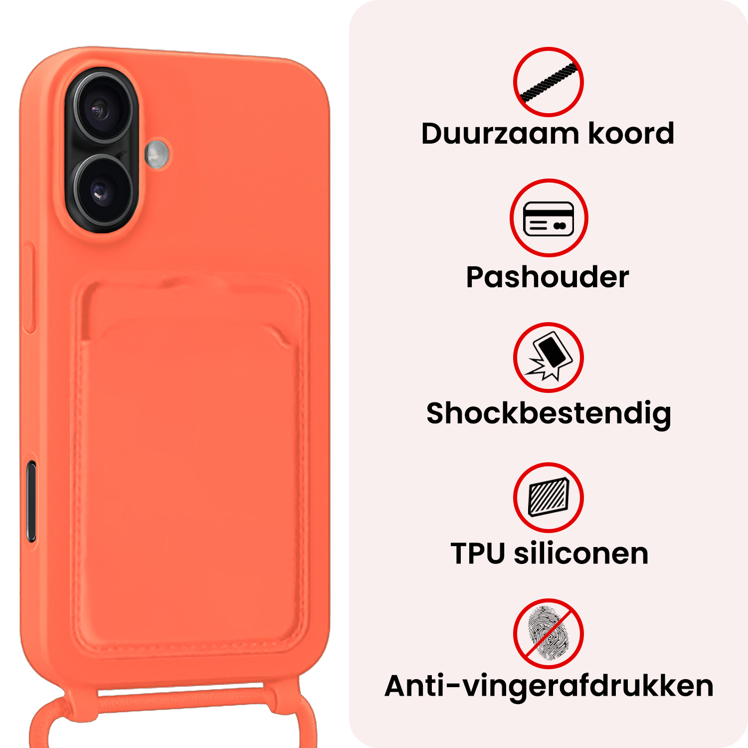 NoXx NoXx iPhone 16 Hoesje Pashouder met Koord - Papaya