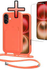 NoXx NoXx iPhone 16 Hoesje Pashouder met Koord Met Screenprotector - Papaya