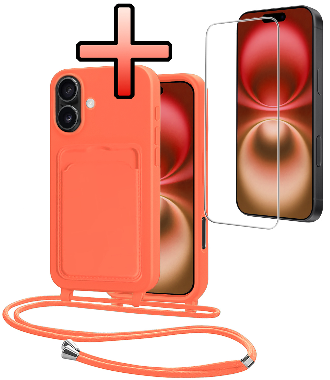 NoXx NoXx iPhone 16 Hoesje Pashouder met Koord Met Screenprotector - Papaya