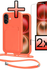 NoXx NoXx iPhone 16 Hoesje Pashouder met Koord Met 2x Screenprotector - Papaya