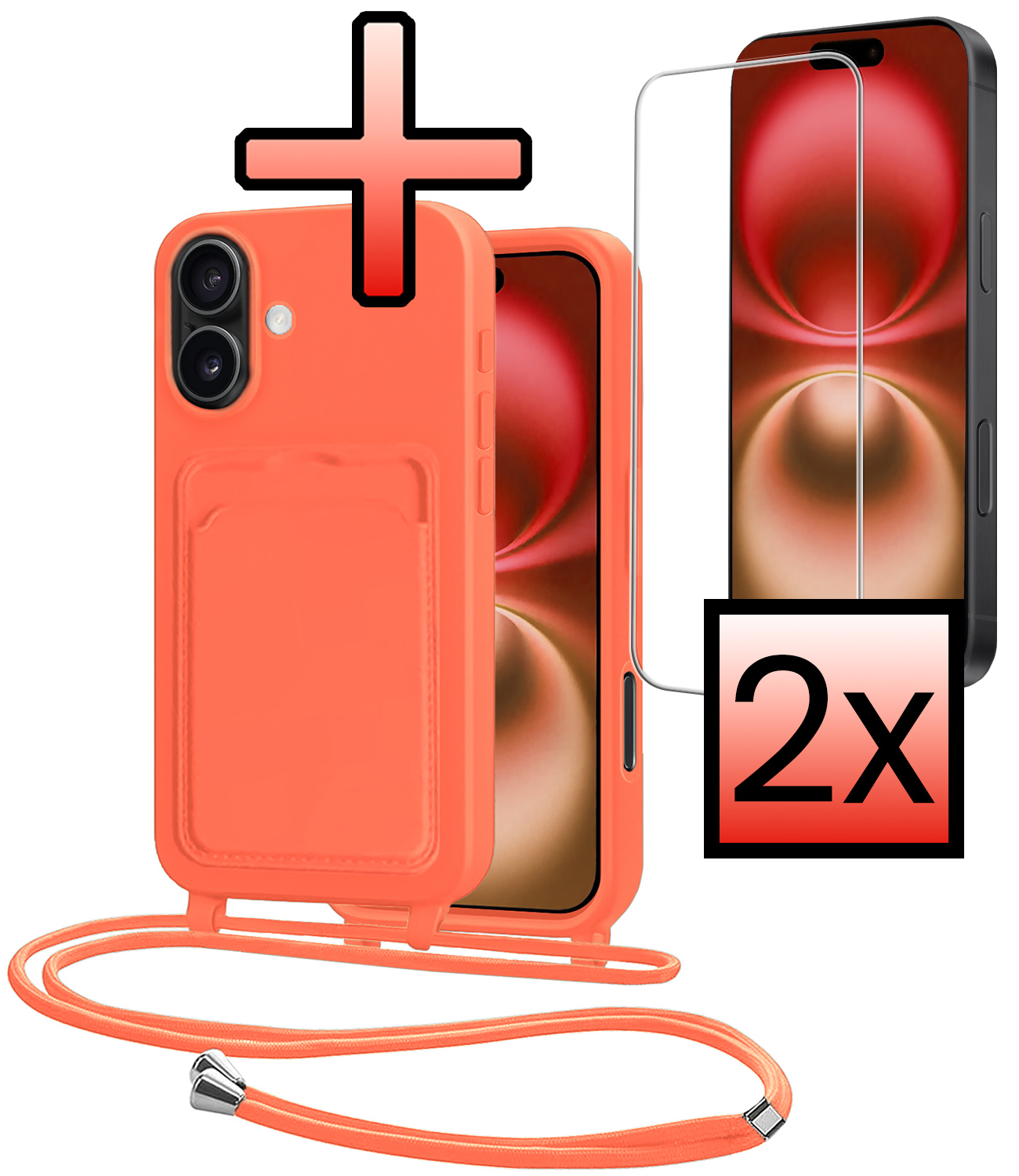 NoXx NoXx iPhone 16 Hoesje Pashouder met Koord Met 2x Screenprotector - Papaya