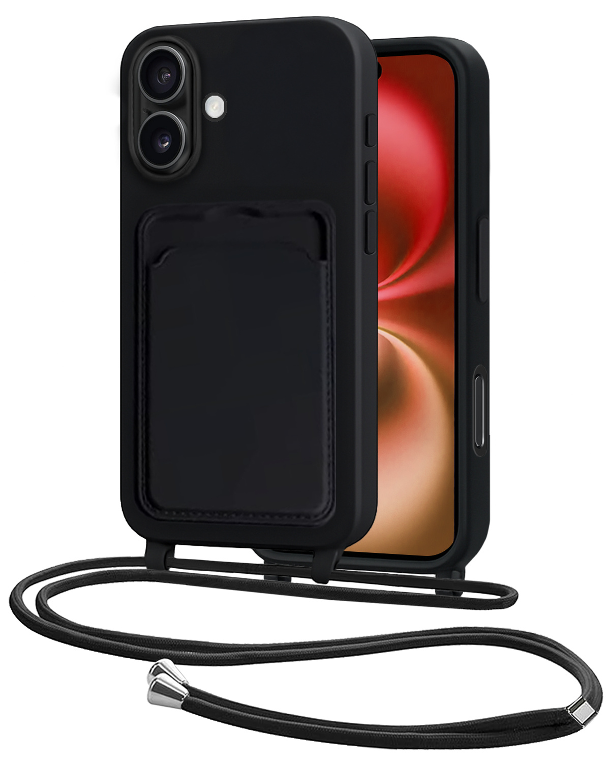 NoXx NoXx iPhone 16 Hoesje Pashouder met Koord - Zwart