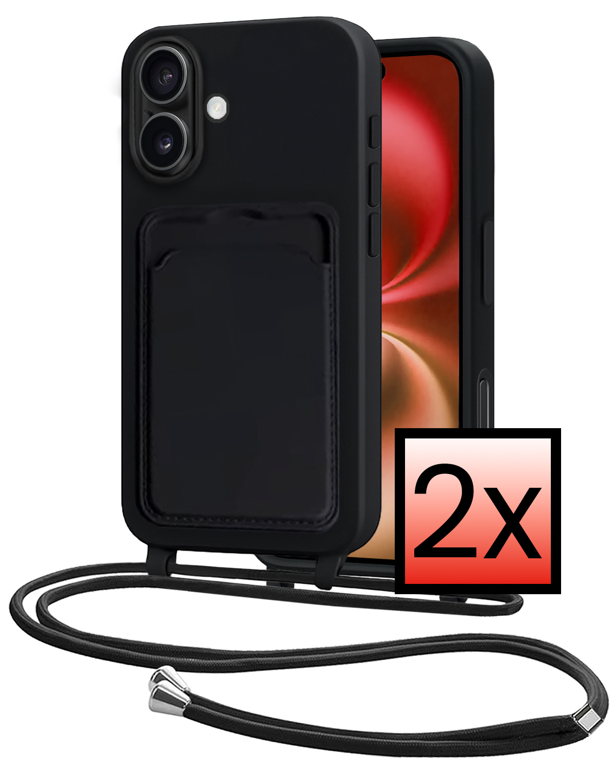 NoXx NoXx iPhone 16 Hoesje Pashouder met Koord - Zwart - 2 PACK