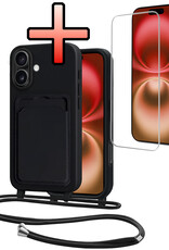 NoXx NoXx iPhone 16 Hoesje Pashouder met Koord Met Screenprotector - Zwart