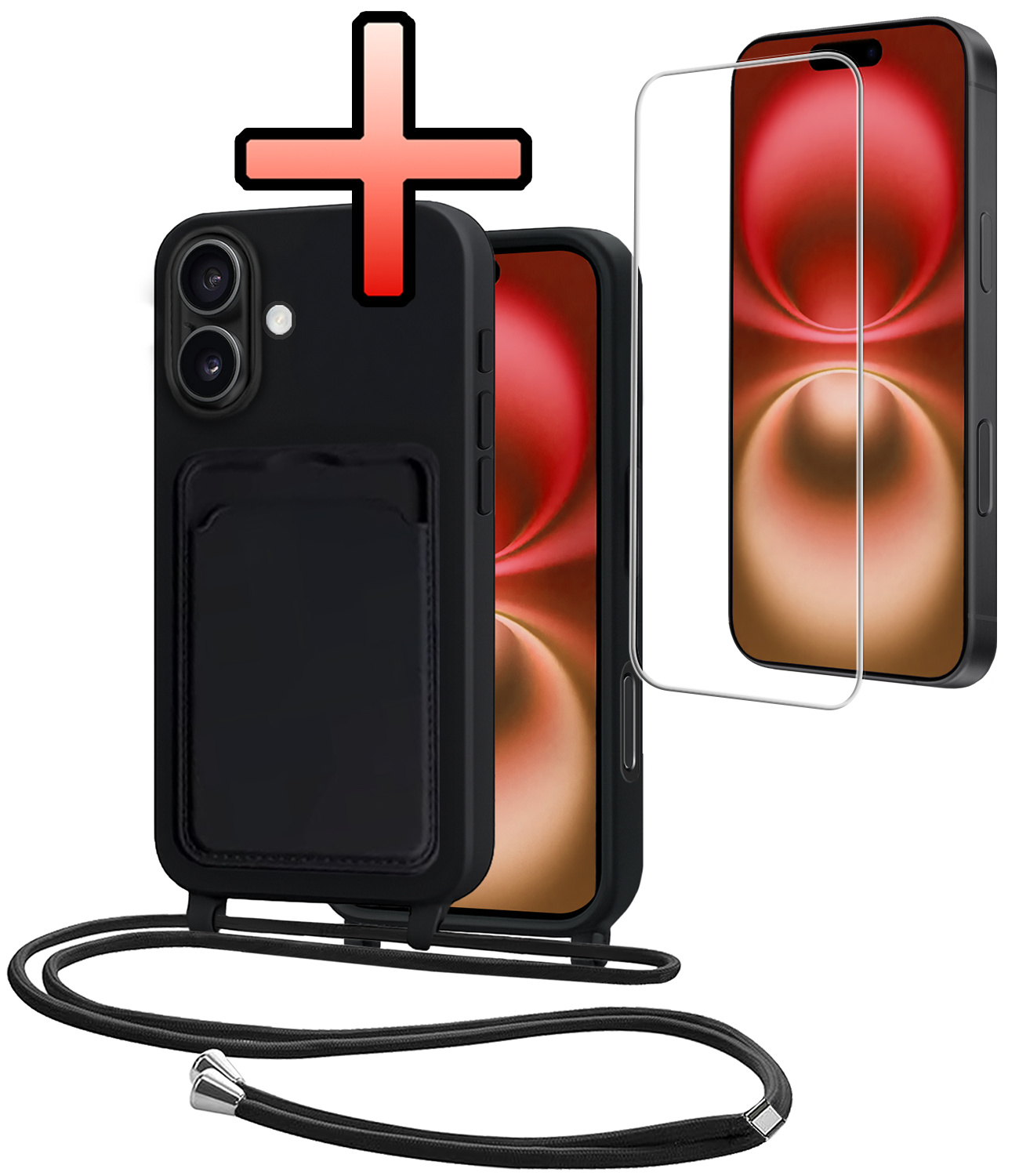 NoXx NoXx iPhone 16 Hoesje Pashouder met Koord Met Screenprotector - Zwart