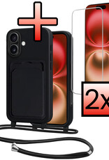NoXx NoXx iPhone 16 Hoesje Pashouder met Koord Met 2x Screenprotector - Zwart