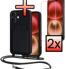 NoXx NoXx iPhone 16 Hoesje Pashouder met Koord Met 2x Screenprotector - Zwart