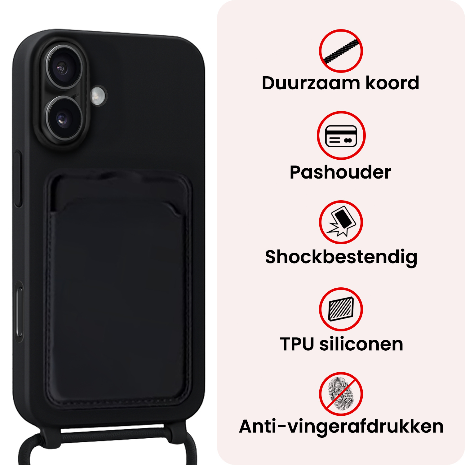 NoXx NoXx iPhone 16 Hoesje Pashouder met Koord Met 2x Screenprotector - Zwart