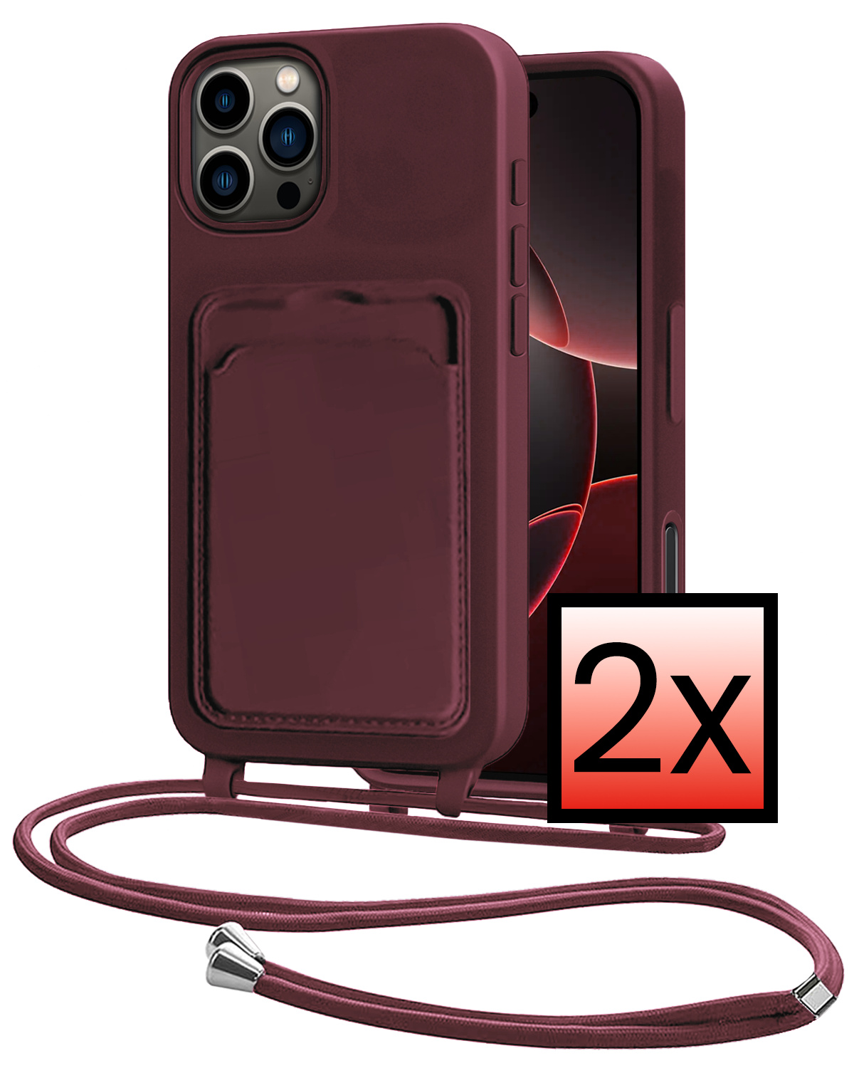 NoXx NoXx iPhone 16 Pro Hoesje Pashouder met Koord - Aubergine - 2 PACK